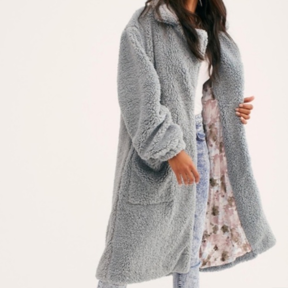 Free People Dusty Blue Teddy Bear Coat Floral Lining, Size M